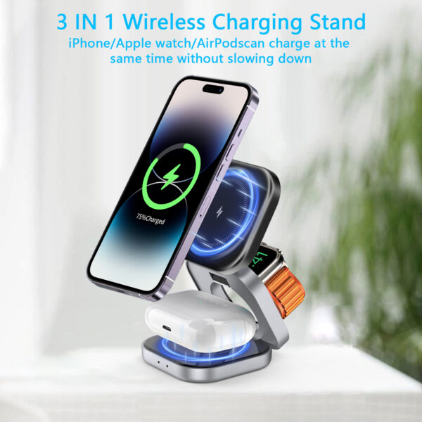 Portable foldable 3 in 1 Wireless Magnetic Phone Charger Stand 15W Wireless Charger Fast Charging for iphone - Image 4