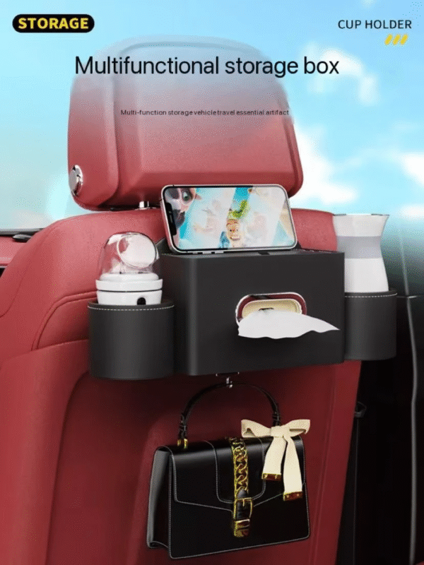 Car Seat Back Premium Storage Box with Tissue & Cup Holder - Image 2