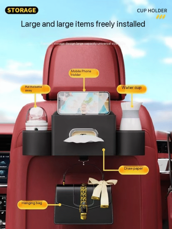 Car Seat Back Premium Storage Box with Tissue & Cup Holder - Image 3